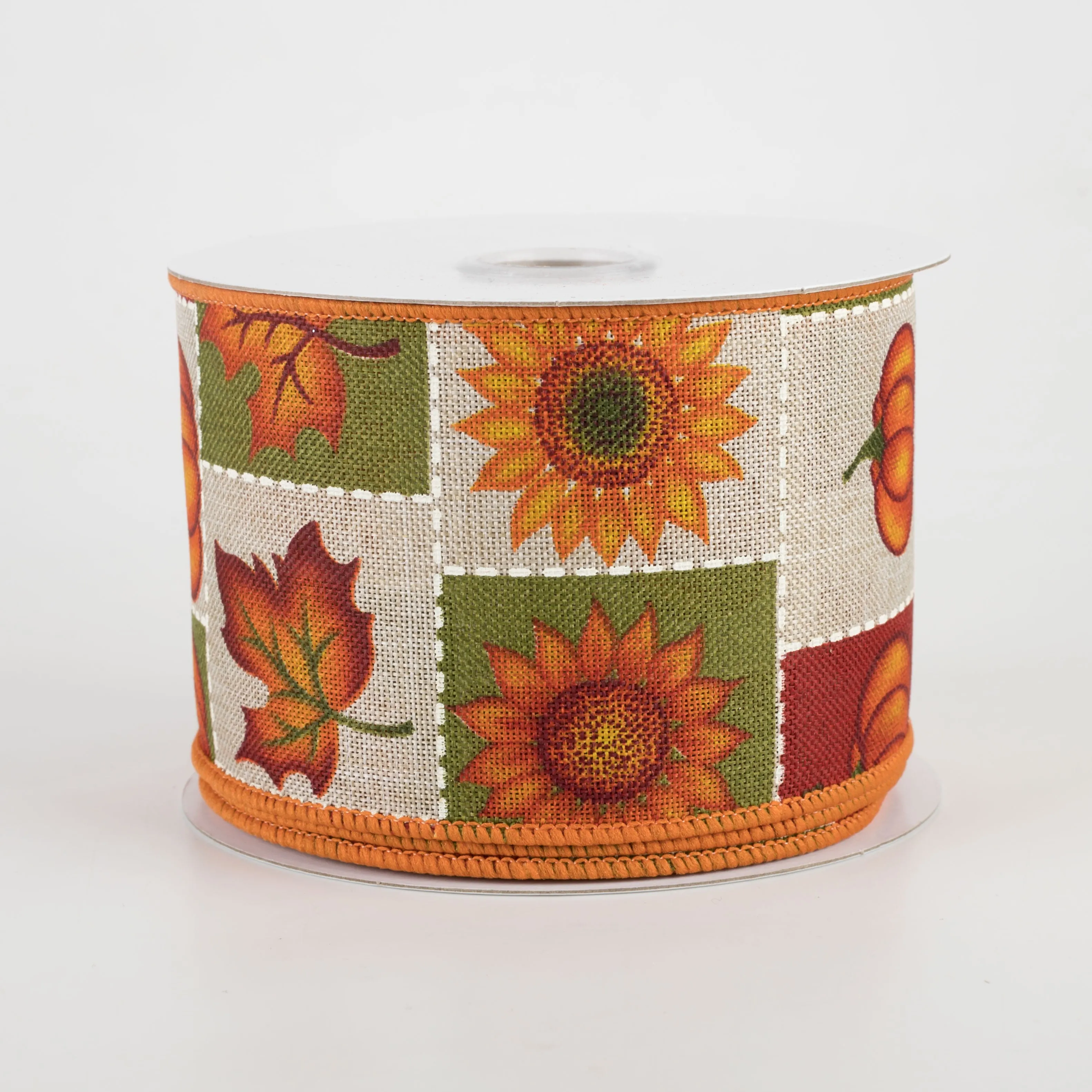 2.5" Pumpkin, Sunflower, Maple Leaf Patchwork Squares Ribbon (10 Yards)