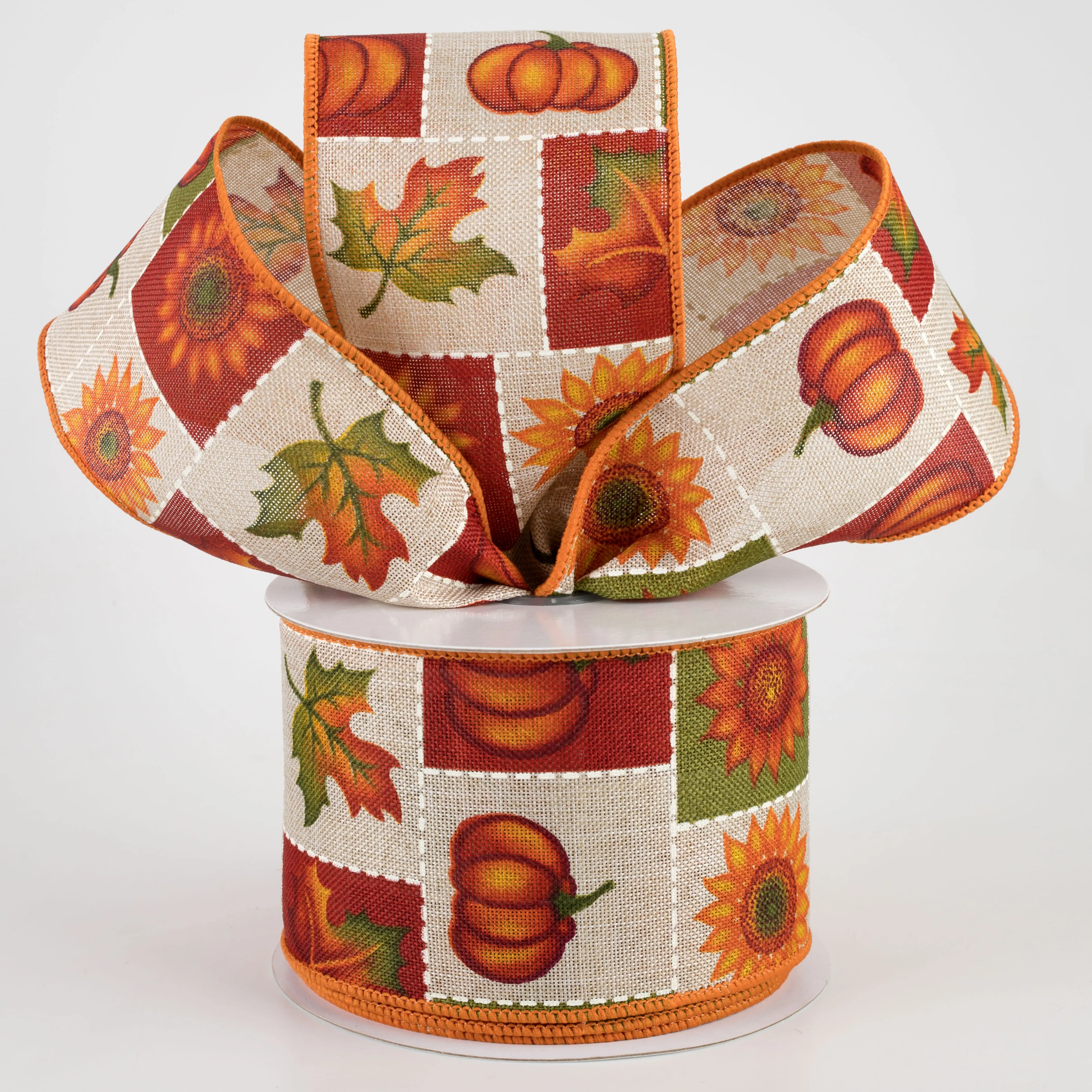 2.5" Pumpkin, Sunflower, Maple Leaf Patchwork Squares Ribbon (10 Yards)