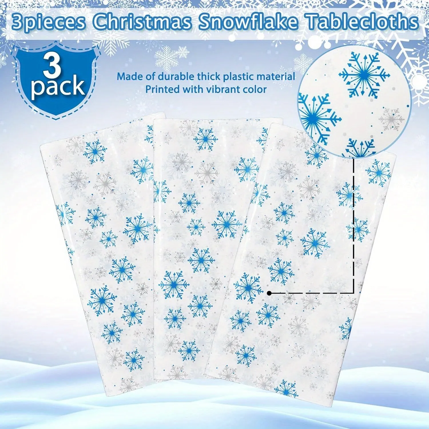 3pcs Winter Wonderland Snowflake Tablecloths - Blue & White, Perfect for Christmas, Frozen Themed Birthdays & Parties, Durable Plastic, 54x108 Inches