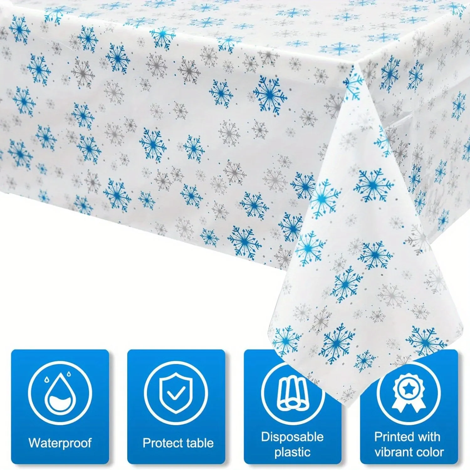 3pcs Winter Wonderland Snowflake Tablecloths - Blue & White, Perfect for Christmas, Frozen Themed Birthdays & Parties, Durable Plastic, 54x108 Inches