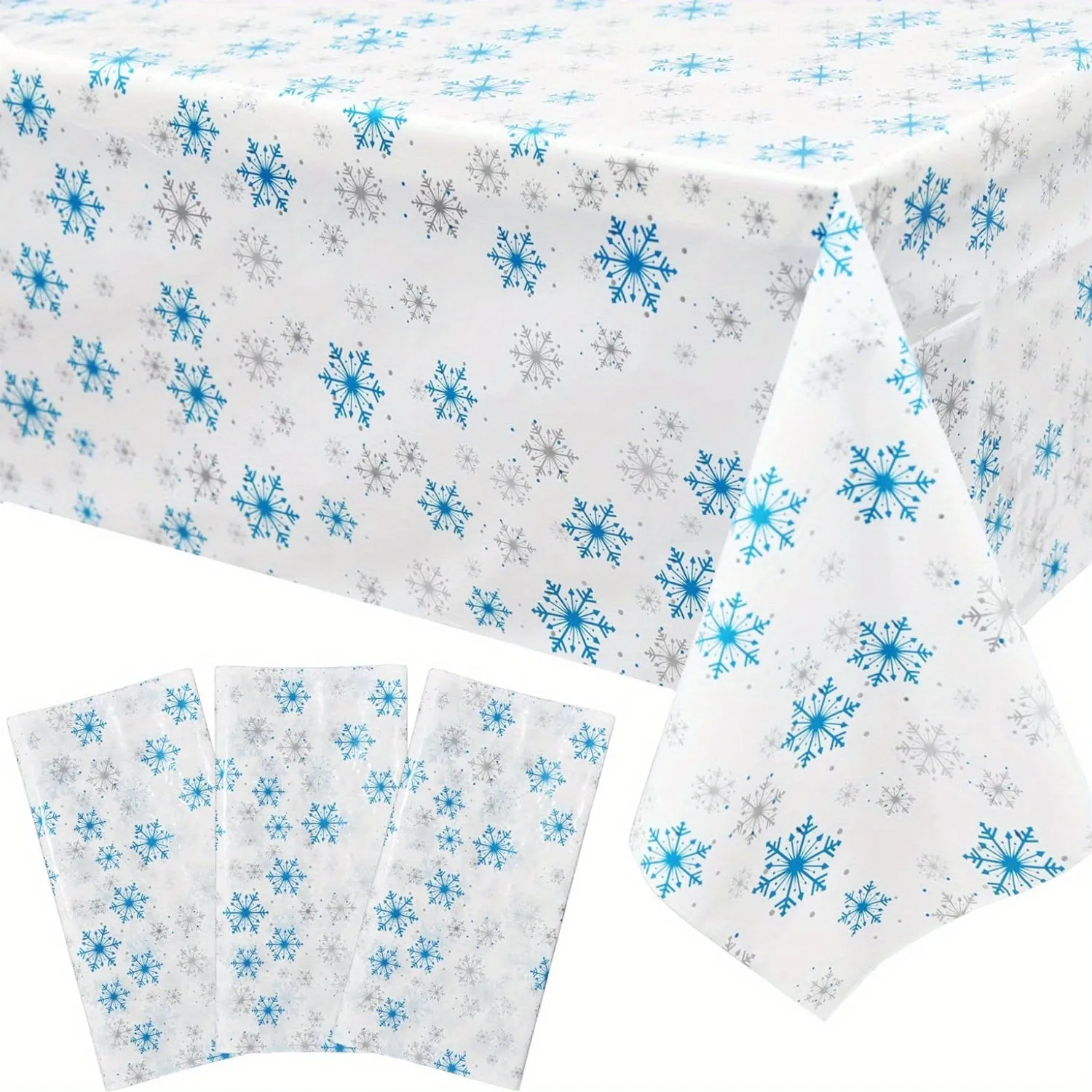 3pcs Winter Wonderland Snowflake Tablecloths - Blue & White, Perfect for Christmas, Frozen Themed Birthdays & Parties, Durable Plastic, 54x108 Inches