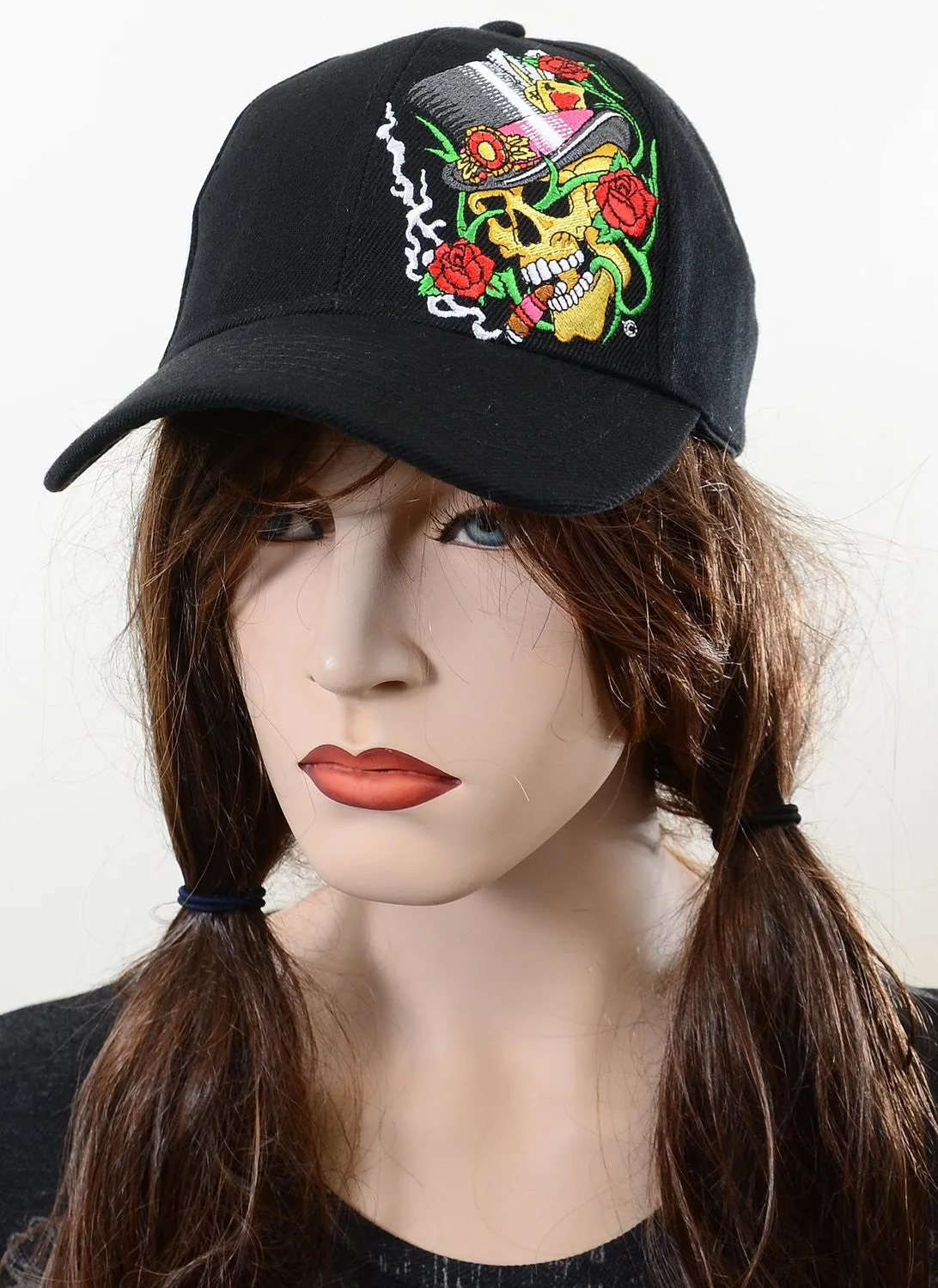 Black Top Hat Skull & Rose Embroidered Adjustable Unisex Baseball Hat