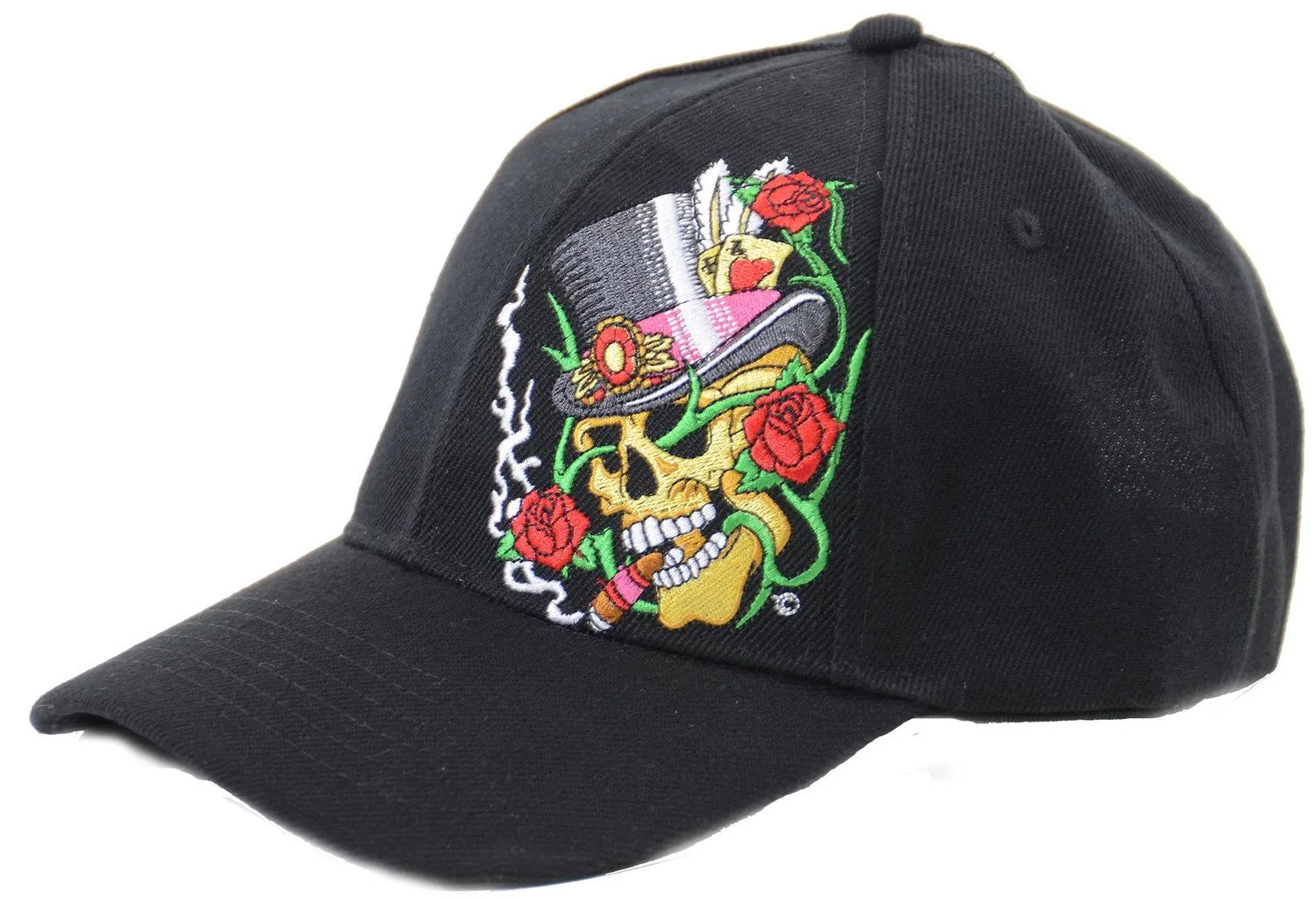 Black Top Hat Skull & Rose Embroidered Adjustable Unisex Baseball Hat