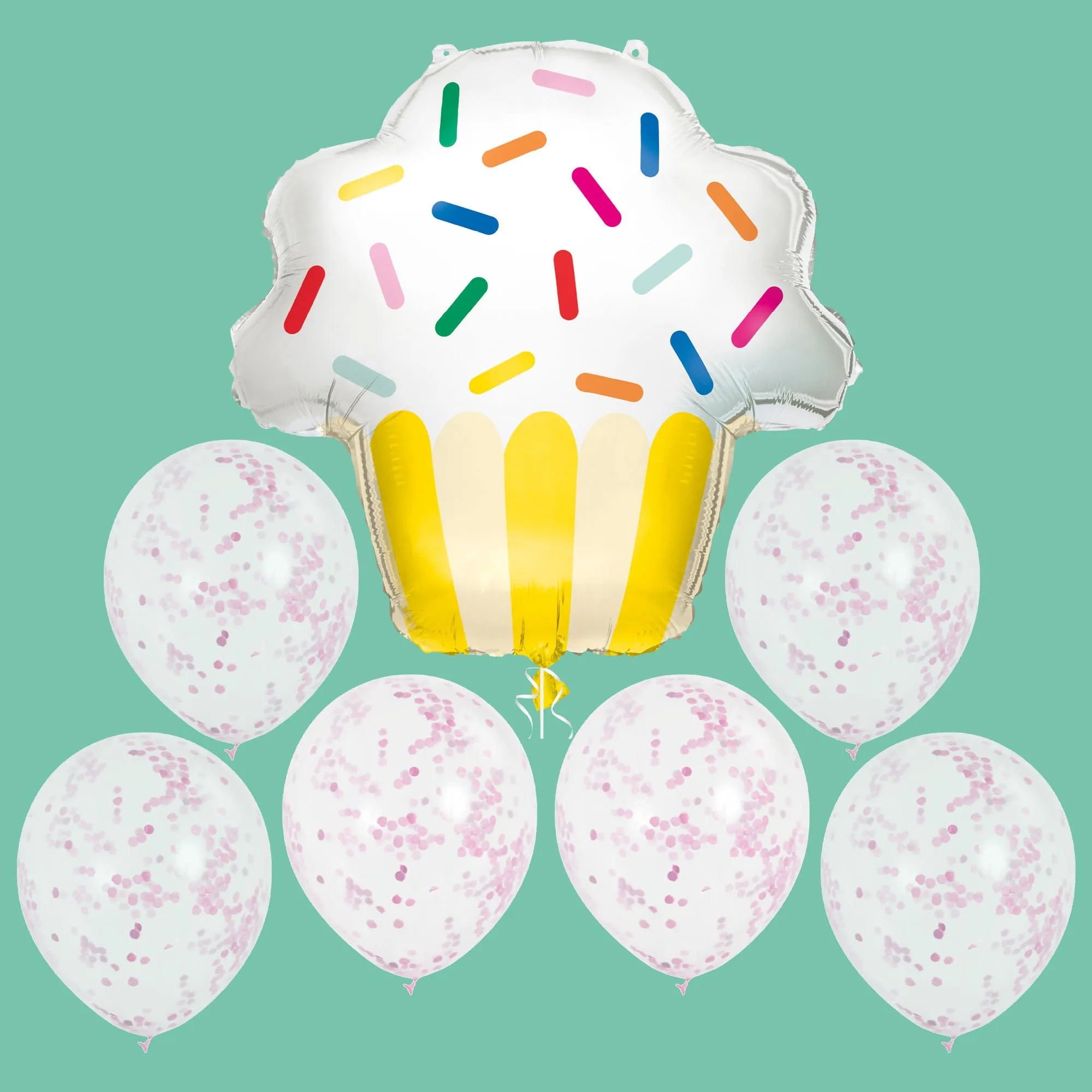 Cupcake Party Supplies - 1 Giant Cupcake Foil Balloon & 6 Clear With Pink Confetti Latex Balloons Set