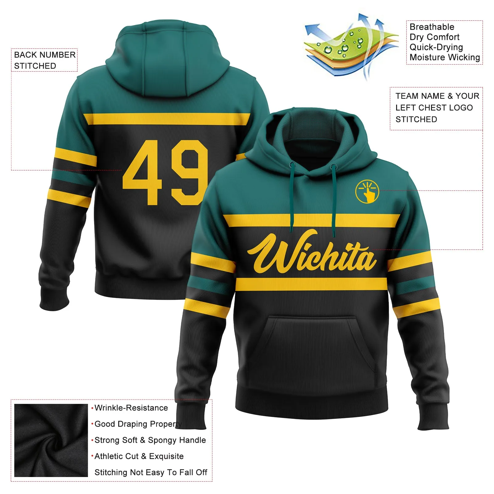 Custom Stitched Black Yellow-Teal Line Sports Pullover Sweatshirt Hoodie