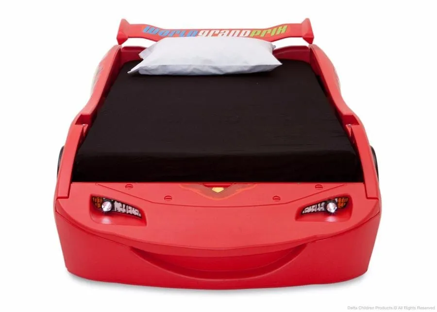 Delta Twin Bed Cars: Just Like Lightning McQueen Details like a spoiler, working headlights, colorful decals of McQueen's - BB86655CR