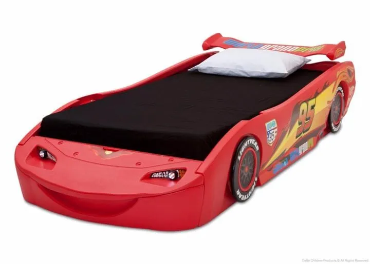 Delta Twin Bed Cars: Just Like Lightning McQueen Details like a spoiler, working headlights, colorful decals of McQueen's - BB86655CR