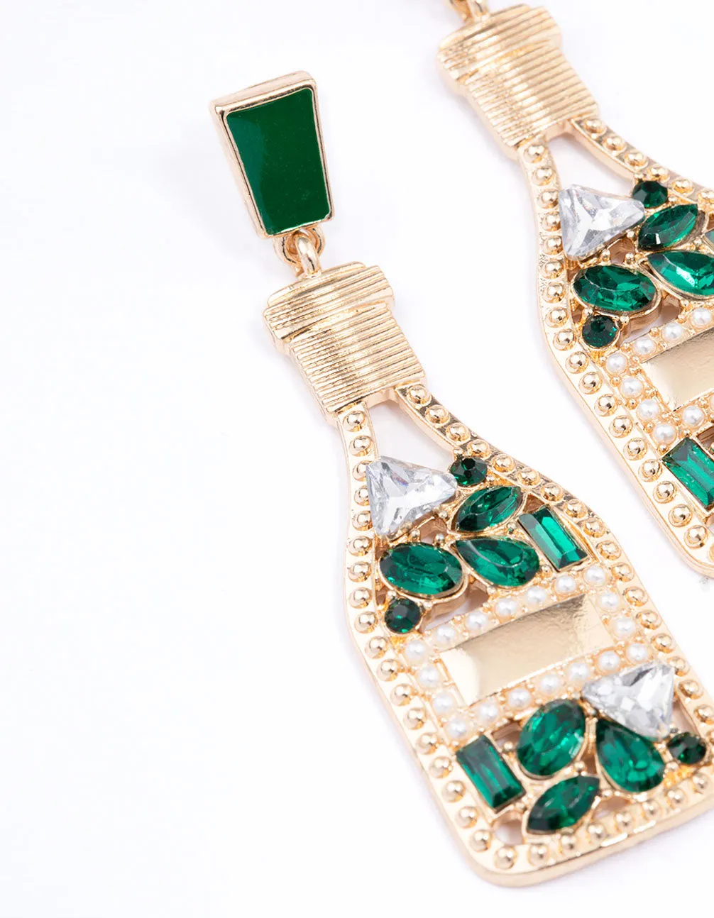 Diamante Green Glitter Wine Bottle Drop Earrings