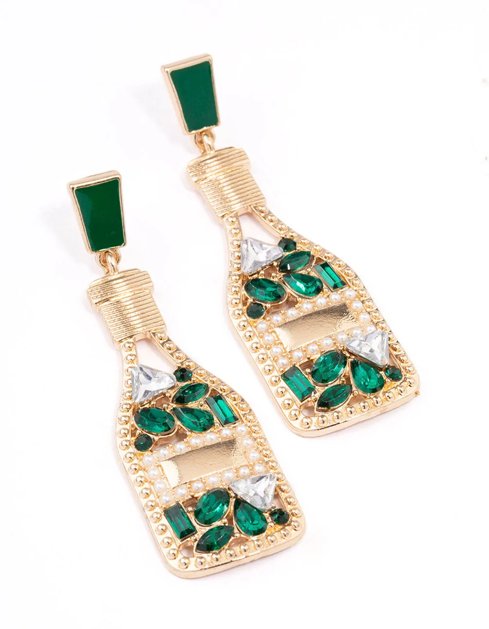 Diamante Green Glitter Wine Bottle Drop Earrings