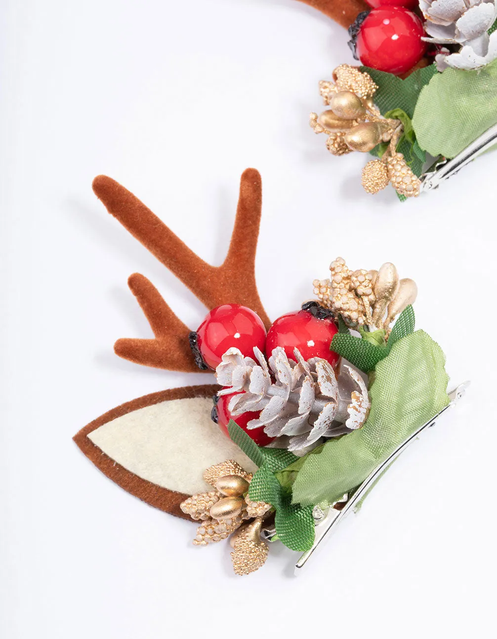 Fabric Reindeer Wreath Ear Hair Clips