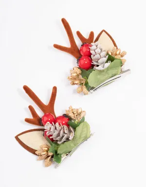 Fabric Reindeer Wreath Ear Hair Clips