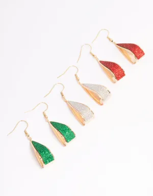 Gold Christmas Ribbon Glitter Earrings 3-Pack