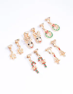 Gold Diamante Christmas Clip On Earrings 5-Pack