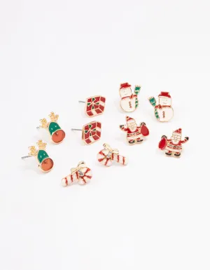 Gold Enamel Christmas Motif Stud Earrings Pack