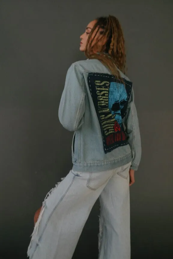 Guns N Roses Flower Skull Hand Stitched Denim Jacket