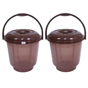 Heart Home Colorful Homeware Bucket| Plastic Bucket|Transparent Bucket with Lid & Handle for Bathroom,Home Use,13 Litre,Pack of 2 (Brown)