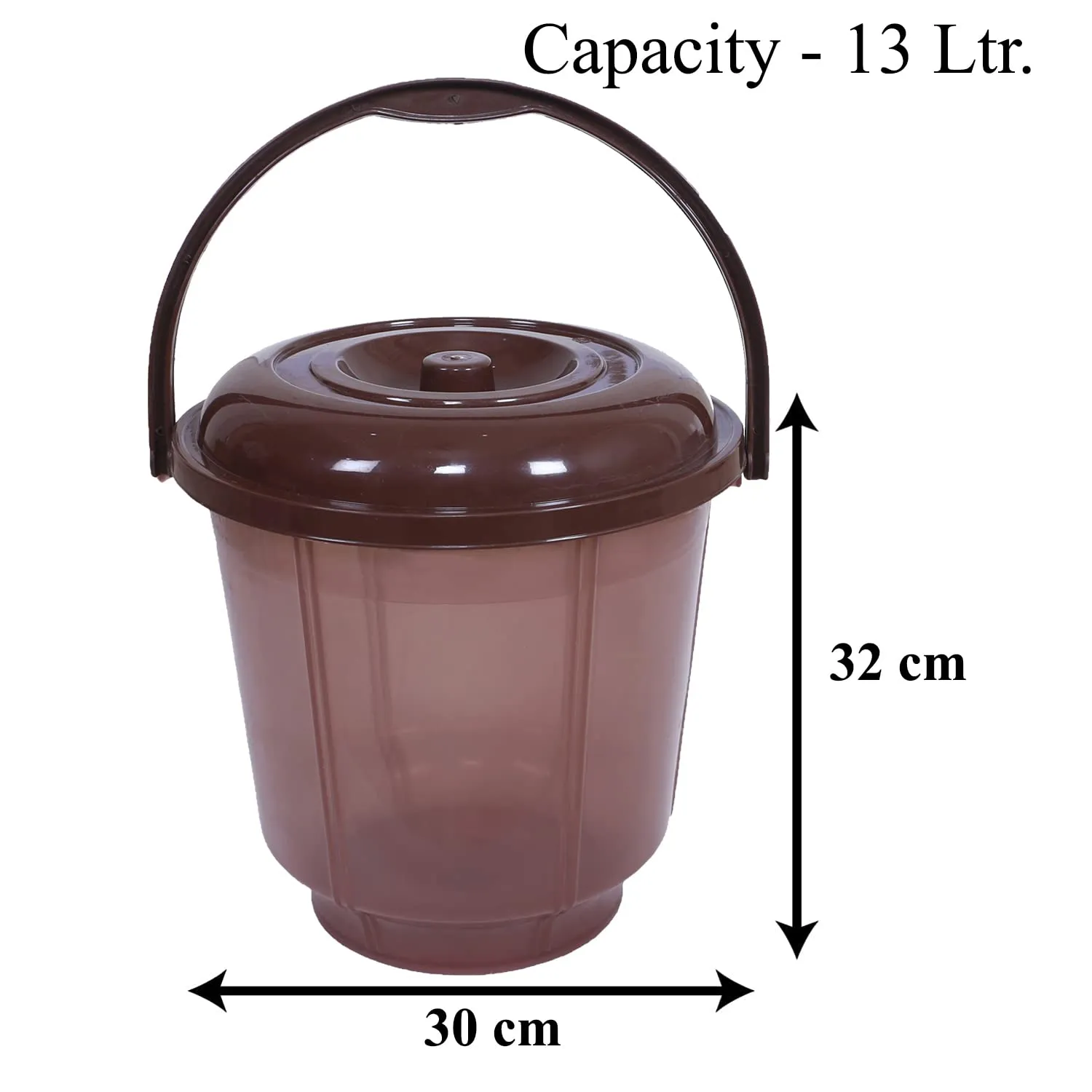 Heart Home Colorful Homeware Bucket| Plastic Bucket|Transparent Bucket with Lid & Handle for Bathroom,Home Use,13 Litre,Pack of 2 (Brown)