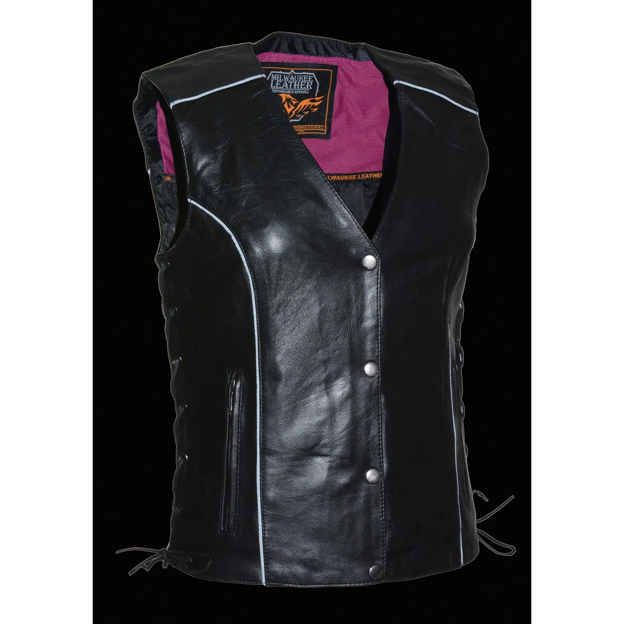 Milwaukee Leather MLL4505 Ladies Black and Pink Vest with Stud & Wings Detailing