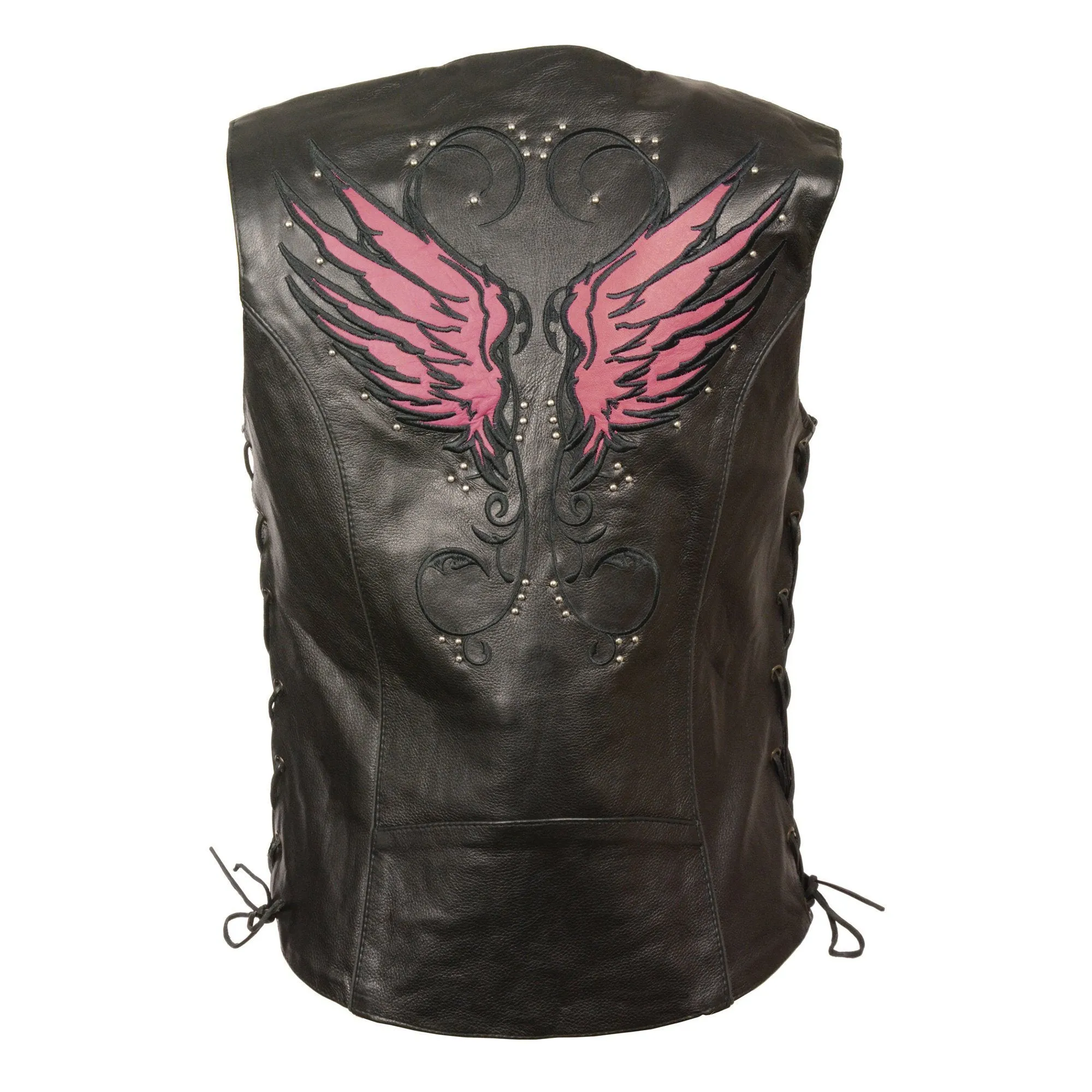 Milwaukee Leather MLL4505 Ladies Black and Pink Vest with Stud & Wings Detailing