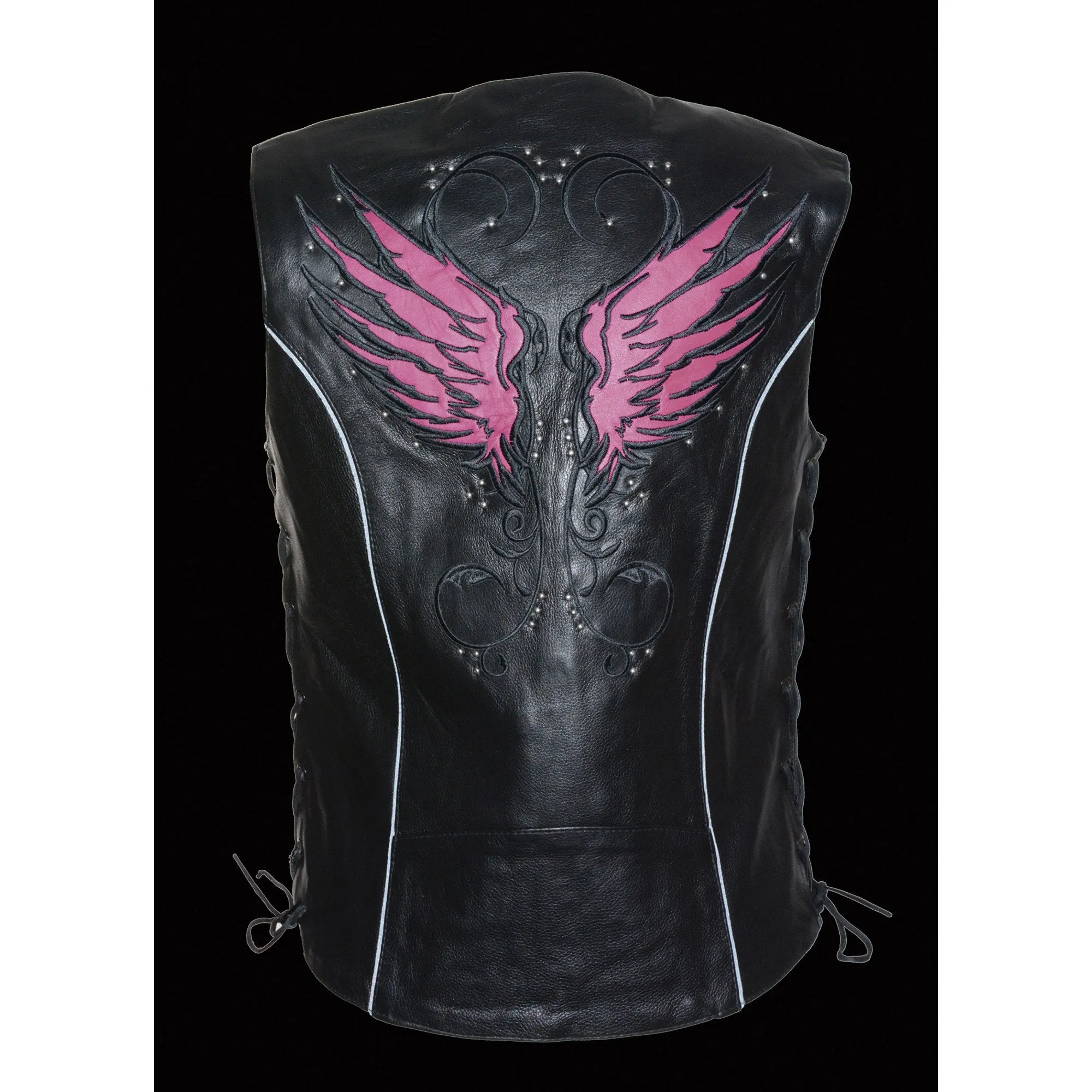 Milwaukee Leather MLL4505 Ladies Black and Pink Vest with Stud & Wings Detailing