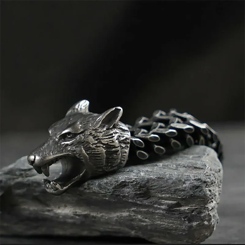 Nordic Wolf Bracelet in Rustic Stainless Steel