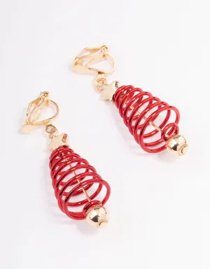 Red Spiral Christmas Tree Clip On Earrings