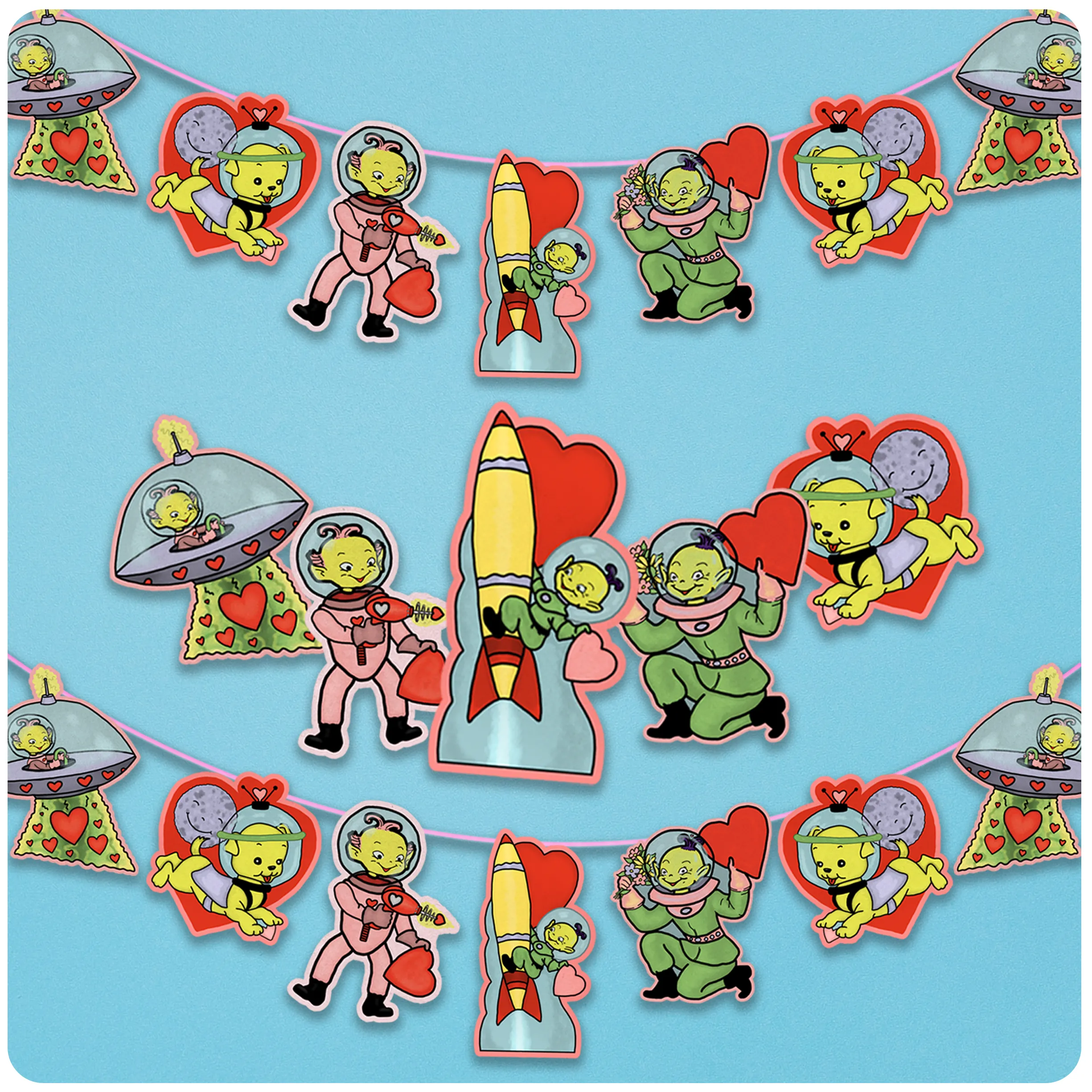 Retro Futurism Valentine's Day Outer Space Aliens Cutout Banner Decoration