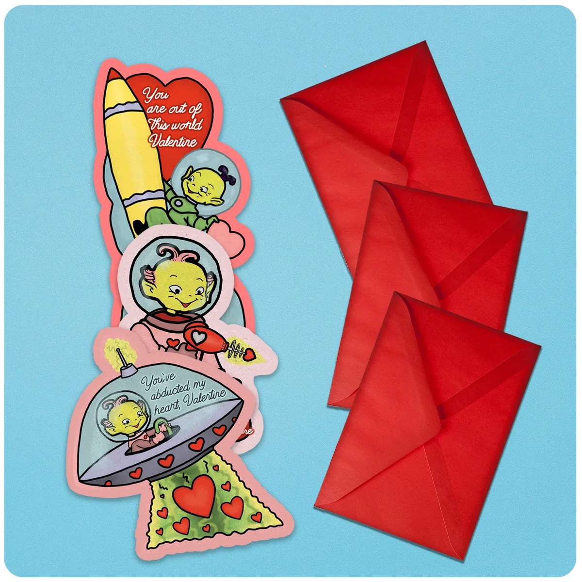 Retro Inspired Space Alien Valentine's Day Card Set of 3