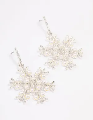 Silver Pearl Detail Snowflake Drop Earrings