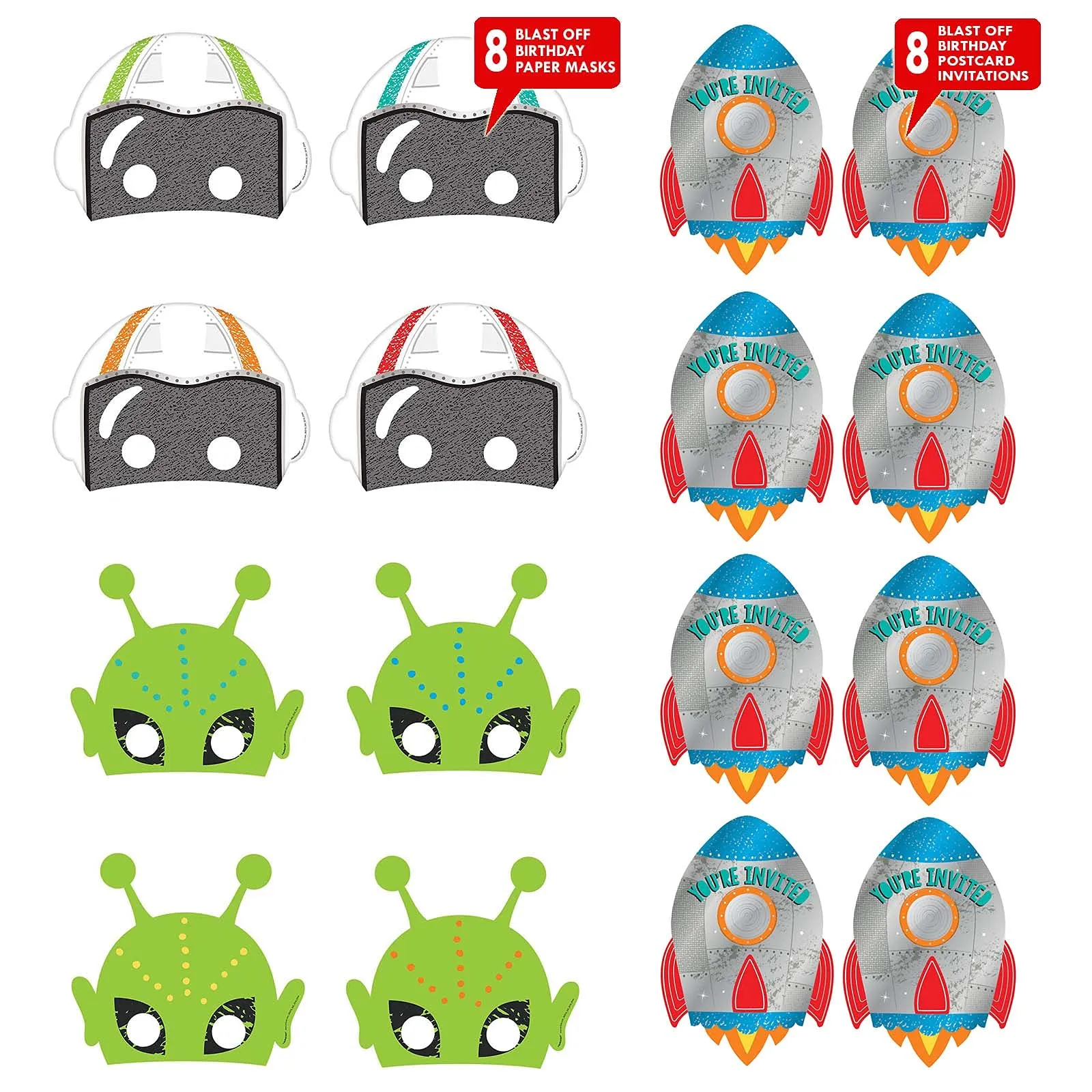 Space Party Invitiations and Blast Off Astronaut & Alien Paper Party Masks (8 of Each)