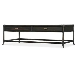 Two Drawer Rattan Wrapped Oak & Maple Wood Rectangle Coffee Black Finish Table 59 inch